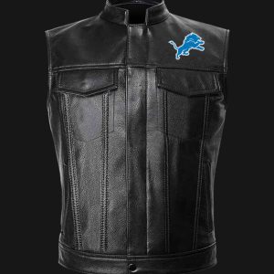 NFL Detroit Lions Black Leather Vest Sleeveless Leather Jacket