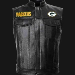 NFL Green Bay Packers Black Leather Vest Sleeveless Leather Jacket