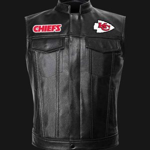 NFL Kansas City Chiefs Black Leather Vest Sleeveless Leather Jacket