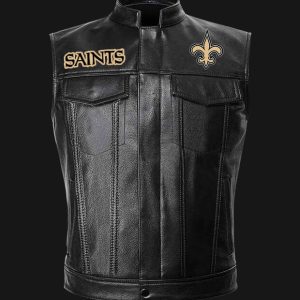 NFL New Orleans Saints Black Leather Vest Sleeveless Leather Jacket