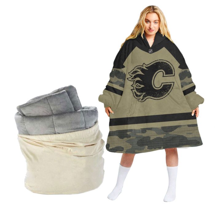 NHL Personalized Calgary Flames Military Jersey Camo Oodie Blanket Hoodie Wearable Blanket