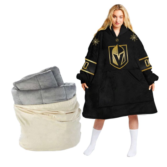 Personalized Black Gold NHL Vegas Golden Knights Jersey Oodie Blanket Hoodie Wearable Blanket