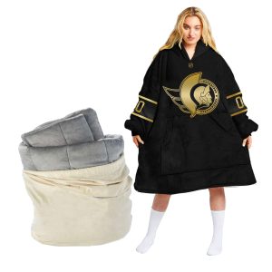 Personalized Black Golden NHL Ottawa Senators Oodie Blanket Hoodie Wearable Blanket