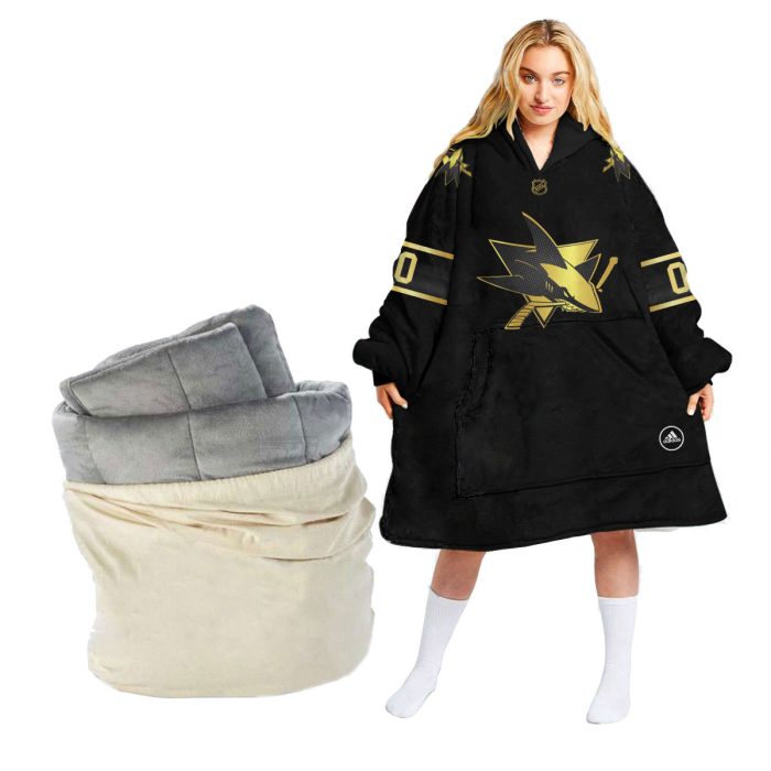 Personalized Black Golden NHL San Jose Sharks Oodie Blanket Hoodie Wearable Blanket