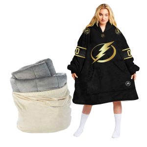 Personalized Black Golden NHL Tampa Bay Lightning Oodie Blanket Hoodie Wearable Blanket