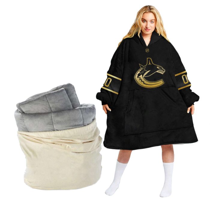 Personalized Black Golden NHL Vancouver Canucks Oodie Blanket Hoodie Wearable Blanket