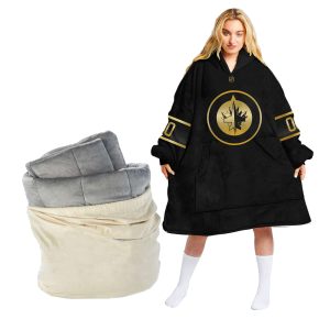 Personalized Black Golden NHL Winnipeg Jets Oodie Blanket Hoodie Wearable Blanket