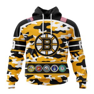 Personalized NHL Boston Bruins With Camo Team Color And Military Force Logo Unisex Pullover Hoodie