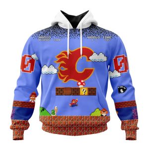 Personalized NHL Calgary Flames With Super Mario Game Design Unisex Pullover Hoodie