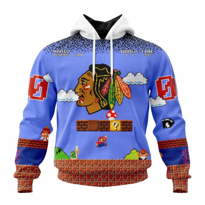 Personalized NHL Chicago Blackhawks With Super Mario Game Design Unisex Pullover Hoodie