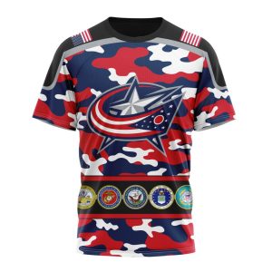Personalized NHL Columbus Blue Jackets With Camo Team Color And Military Force Logo Unisex Tshirt TS5094