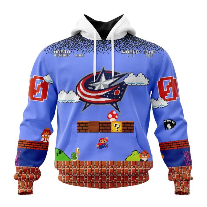 Personalized NHL Columbus Blue Jackets With Super Mario Game Design Unisex Pullover Hoodie