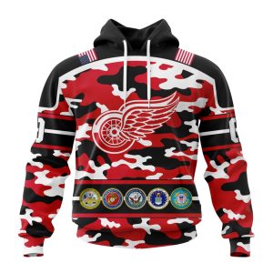 Personalized NHL Detroit Red Wings With Camo Team Color And Military Force Logo Unisex Pullover Hoodie
