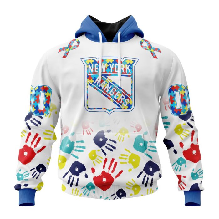 Personalized NHL New York Rangers Autism Awareness Hands Design Unisex Pullover Hoodie