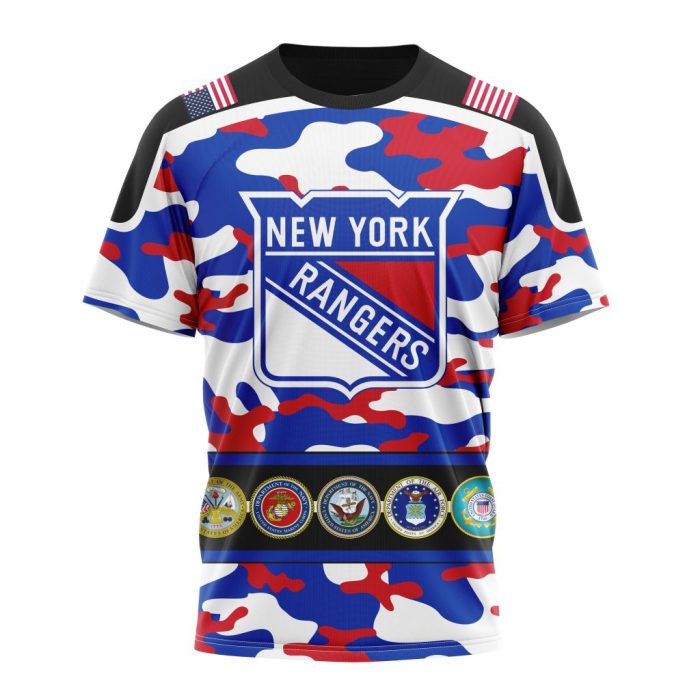 Personalized NHL New York Rangers With Camo Team Color And Military Force Logo Unisex Tshirt TS5733