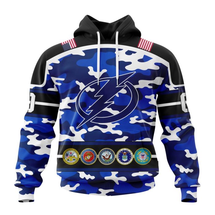Personalized NHL Tampa Bay Lightning With Camo Team Color And Military Force Logo Unisex Pullover Hoodie
