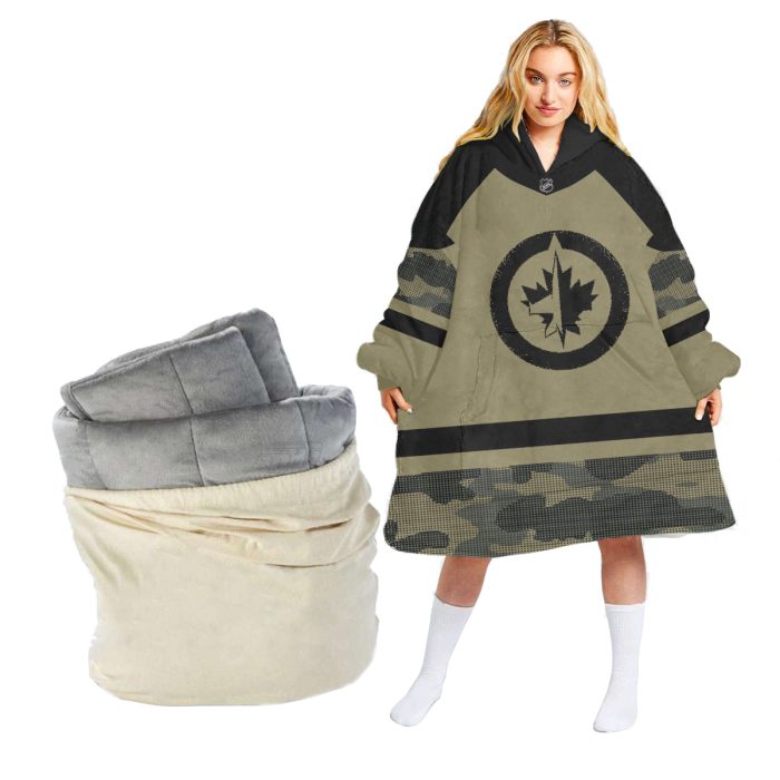 Personalized Winnipeg Jets Military Jersey Camo Oodie Blanket Hoodie Wearable Blanket