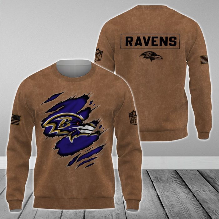 Baltimore Ravens NFL Brown Distressed Logo Salute To Service 2023 3D Print Unisex Sweatshirt