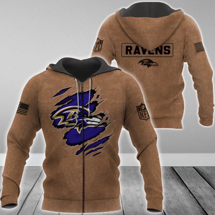 Baltimore Ravens NFL Brown Distressed Logo Salute To Service 2023 3D Zip Hoodie