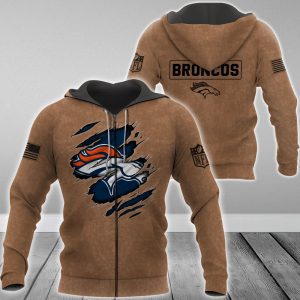 Denver Broncos NFL Brown Distressed Logo Salute To Service 2023 3D Zip Hoodie