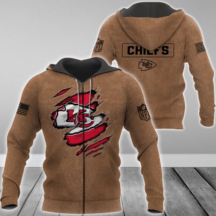 Kansas City Chiefs NFL Brown Distressed Logo Salute To Service 2023 3D Zip Hoodie