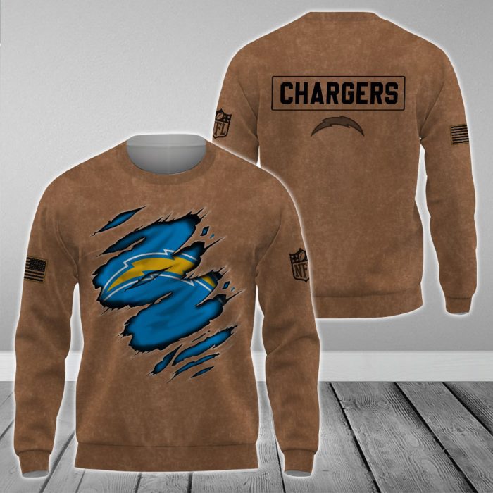 Los Angeles Chargers NFL Brown Distressed Logo Salute To Service 2023 3D Print Unisex Sweatshirt