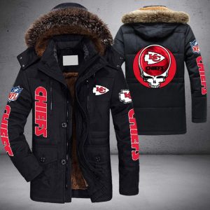 NFL Kansas City Chiefs Red Yellow Skull Parka Jacket Fleece Coat Winter PJF1144