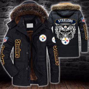 NFL Pittsburgh Steelers Skull White Parka Jacket Fleece Coat Winter PJF1193