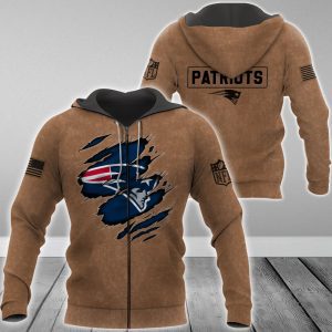 New England Patriots NFL Brown Distressed Logo Salute To Service 2023 3D Zip Hoodie
