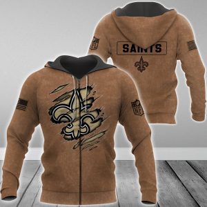 New Orleans Saints NFL Brown Distressed Logo Salute To Service 2023 3D Zip Hoodie
