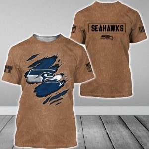 Seattle Seahawks NFL Brown Distressed Logo Salute To Service 2023 3D Print T Shirt Hoodie Sweatshirt