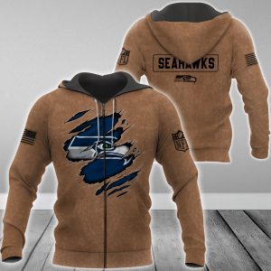 Seattle Seahawks NFL Brown Distressed Logo Salute To Service 2023 3D Zip Hoodie