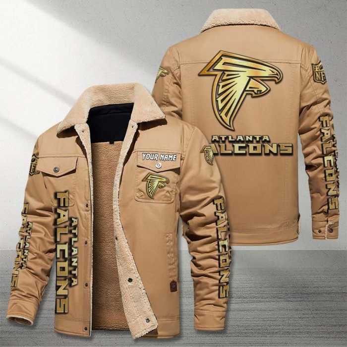 Atlanta Falcons NFL Golden Logo Brown Fleece Cargo Jacket Winter Jacket Custom Name FCJ1352