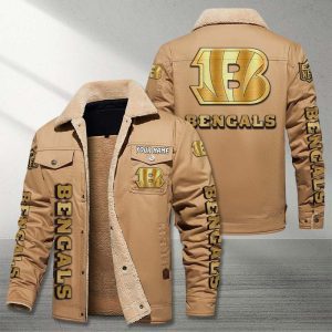 Cincinnati Bengals NFL Golden Logo Brown Fleece Cargo Jacket Winter Jacket Custom Name FCJ1357