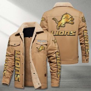 Detroit Lions NFL Golden Logo Brown Fleece Cargo Jacket Winter Jacket Custom Name FCJ1361
