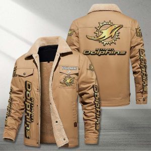 Miami Dolphins NFL Golden Logo Brown Fleece Cargo Jacket Winter Jacket Custom Name FCJ1370