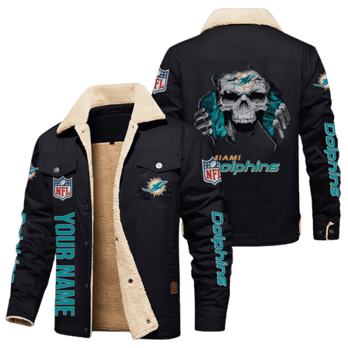 Miami Dolphins NFL Skull Style Personalized Fleece Cargo Jacket Winter Jacket FCJ1466