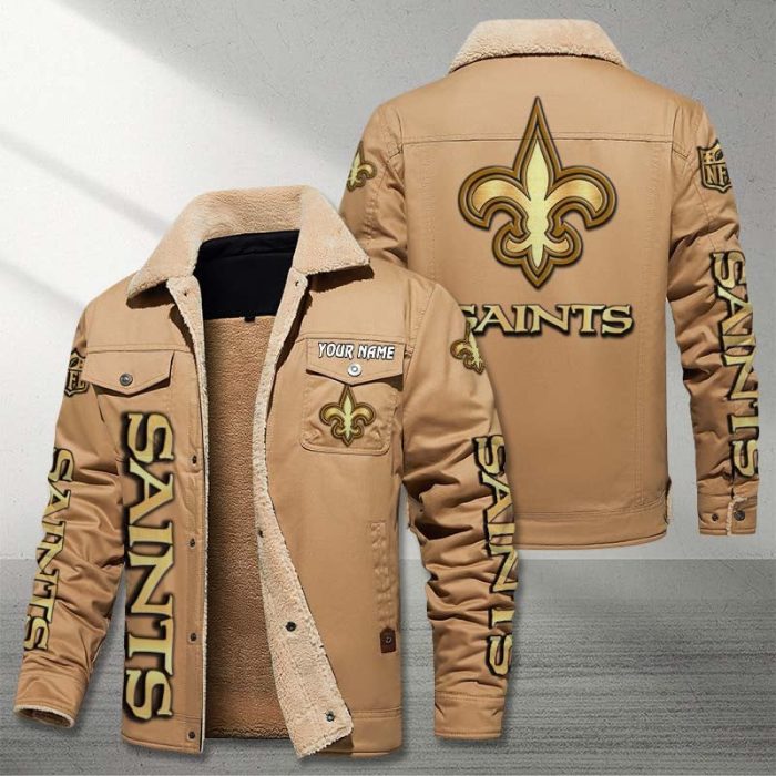New Orleans Saints NFL Golden Logo Brown Fleece Cargo Jacket Winter Jacket Custom Name FCJ1373