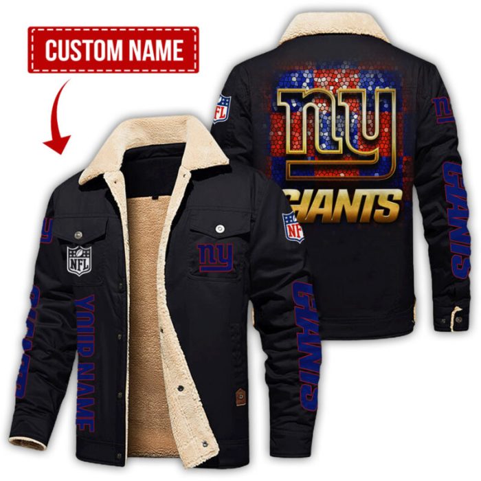 New York Giants NFL Checkered Background Style Personalized Fleece Cargo Jacket Winter Jacket FCJ1310