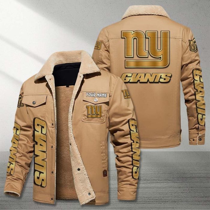 New York Giants NFL Golden Logo Brown Fleece Cargo Jacket Winter Jacket Custom Name FCJ1374