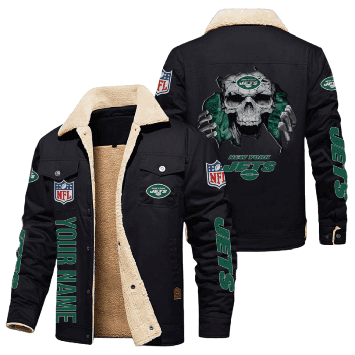 New York Jets NFL Skull Style Personalized Fleece Cargo Jacket Winter Jacket FCJ1471