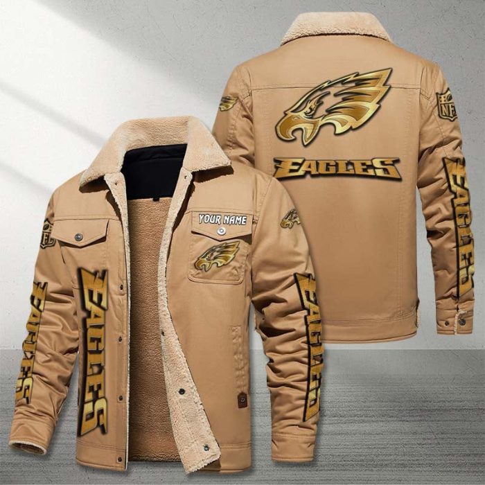 Philadelphia Eagles NFL Golden Logo Brown Fleece Cargo Jacket Winter Jacket Custom Name FCJ1376