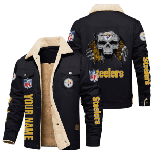 Pittsburgh Steelers NFL Skull Style Personalized Fleece Cargo Jacket Winter Jacket FCJ1473