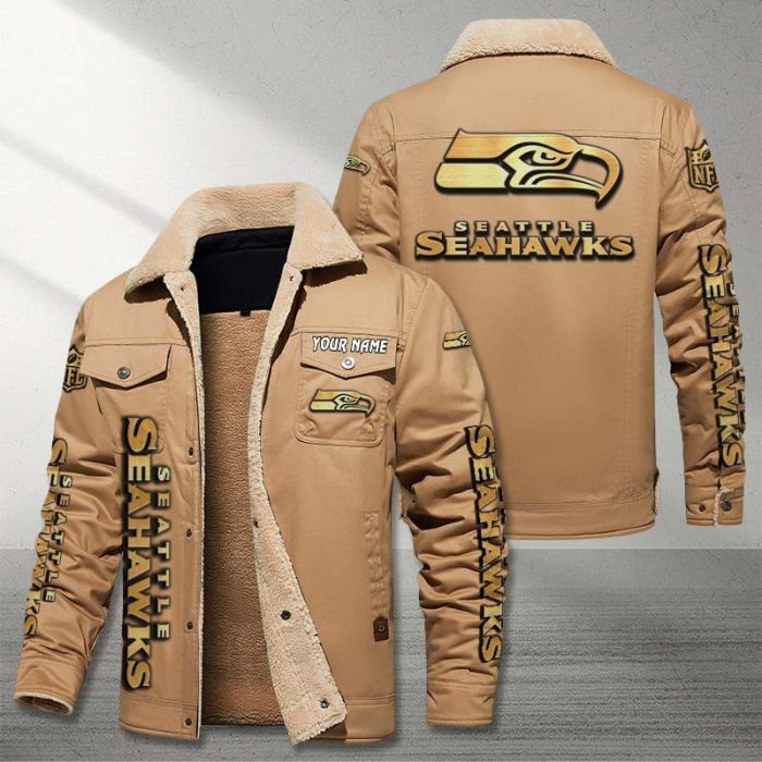 Seattle Seahawks NFL Golden Logo Brown Fleece Cargo Jacket Winter Jacket Custom Name FCJ1379