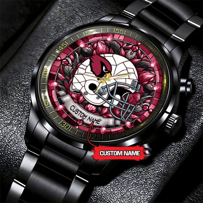 Arizona Cardinals Personalized NFL Stained Glass Black Stainless Steel Sport Watch BW1304