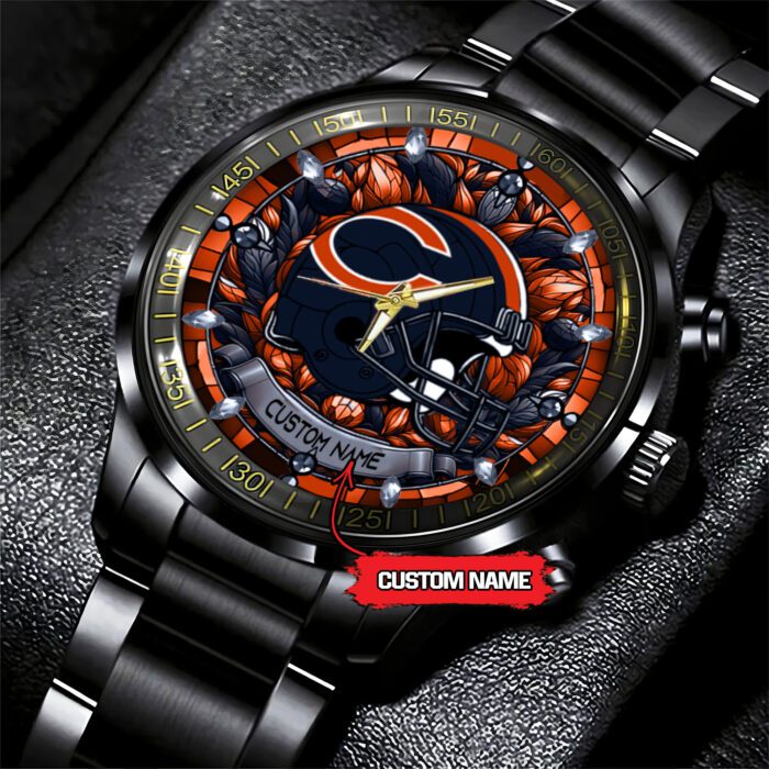 Chicago Bears Personalized NFL Stained Glass Black Stainless Steel Sport Watch BW1306