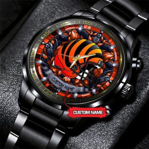 Cincinnati Bengals Personalized NFL Stained Glass Black Stainless Steel Sport Watch BW1308