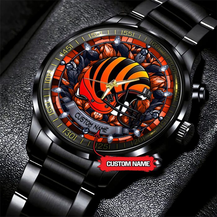 Cincinnati Bengals Personalized NFL Stained Glass Black Stainless Steel Sport Watch BW1308