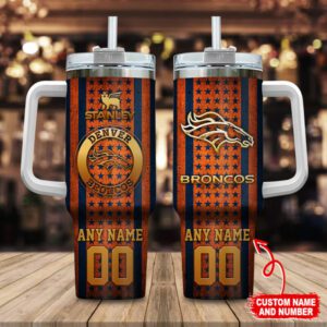 Denver Broncos NFL Golden Logos Us Flag Personalized 40oz Stanley Tumbler STT3139