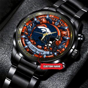 Denver Broncos Personalized NFL Stained Glass Black Stainless Steel Sport Watch BW1310